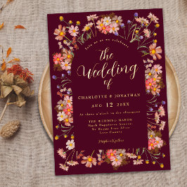 Burgundy Boho Hochzeit im Herbst Floral Arch Folieneinladung