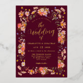 Burgundy Boho Hochzeit im Herbst Floral Arch Folieneinladung (Vorderseite)
