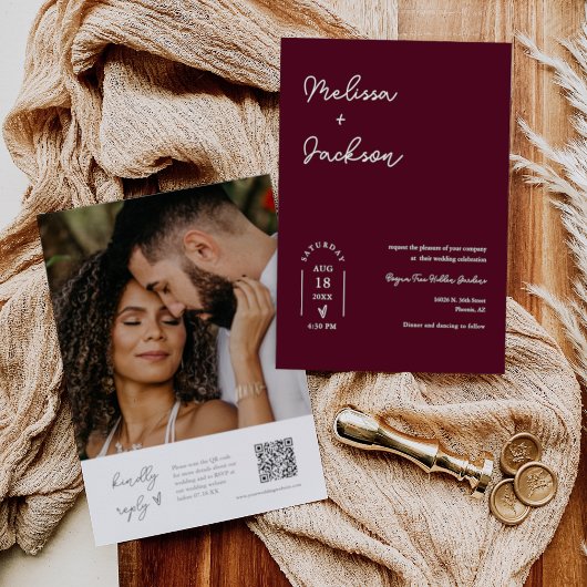 Burgundy Boho Minimalistisch Wedding QR Code Foto Einladung