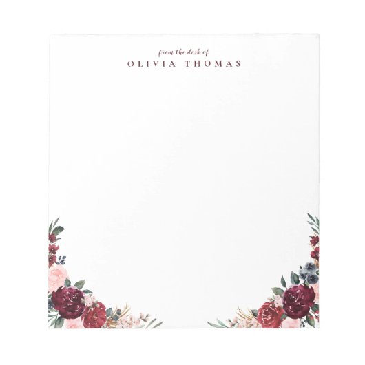 Burgundy boho personalisierte Blumengeschichten Notizblock (Vorderseite)