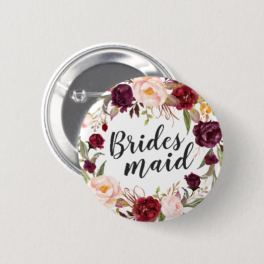 Burgundy Boho Red Blush Floral Wreath Bridesmaid Button (Vorne & Hinten)