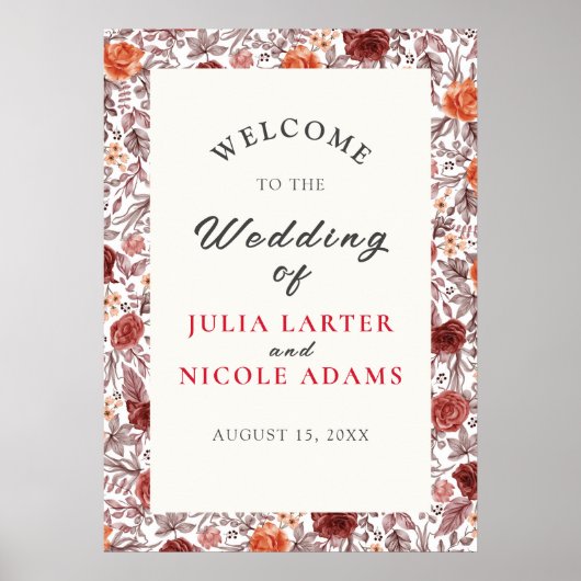 Burgundy Boho Rose Floral Pampas Grass Wedding Poster (Vorne)