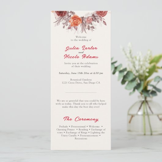 Burgundy Boho Rose Floral Pampas Grass Wedding Programm (Stehend Vorderseite)