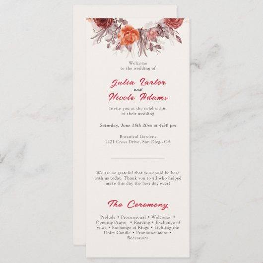 Burgundy Boho Rose Floral Pampas Grass Wedding Programm (Vorne/Hinten)