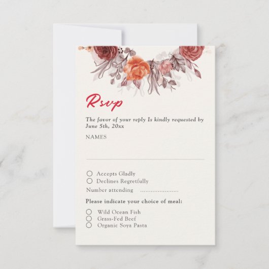 Burgundy Boho Rose Floral Pampas Grass Wedding RSVP Karte (Vorderseite)