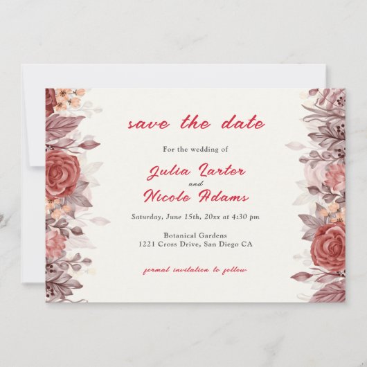 Burgundy Boho Rose Floral Pampas Grass Wedding Save The Date (Vorderseite)