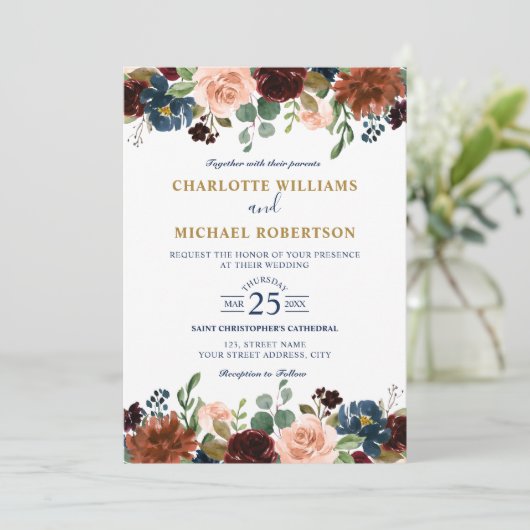 Burgundy, Boho, rote Marinestadt, rustikaler Boho Einladung (Stehend Vorderseite)