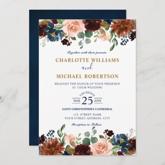 Burgundy, Boho, rote Marinestadt, rustikaler Boho  Einladung (Vorne/Hinten)