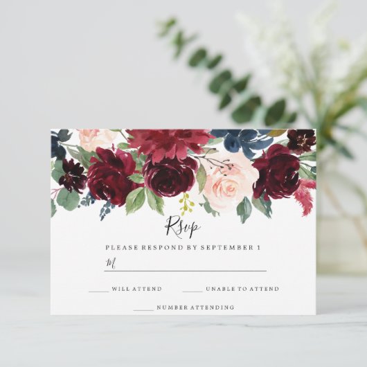 Burgundy Boho Watercolor Floral Wedding RSVP (Stehend Vorderseite)