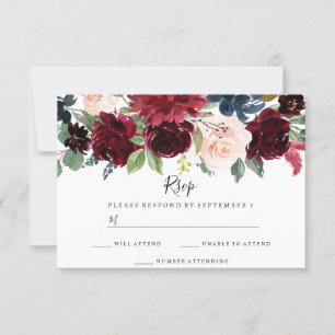 Burgundy Boho Watercolor Floral Wedding RSVP Karte