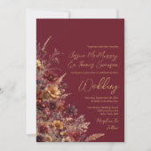 Burgundy Boho Wildflowers & Photo QR Code Wedding Einladung (Vorderseite)