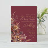Burgundy Boho Wildflowers & Photo QR Code Wedding Einladung (Stehend Vorderseite)