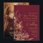 Burgundy Boho Wildflowers & Photo QR Code Wedding Einladung<br><div class="desc">Invite your friends and family to share in your joy on your special day with this beautiful wedding invitation. The rustic boho chic design boasts elegant script handwriting-style typography in a modern right justified layout with sprays of bohemian wildflowers along the left. The beautiful deep burgundy colored background with flowers...</div>