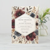 Burgundy Botanical Autumn Wedding Einladung (Stehend Vorderseite)