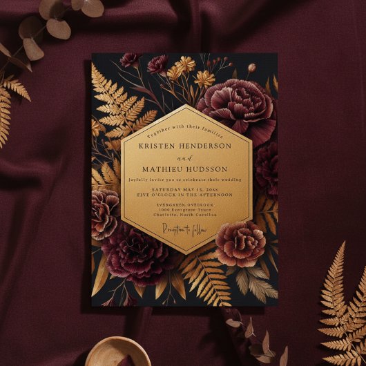 Burgundy Botanical Autumn Wedding Einladung