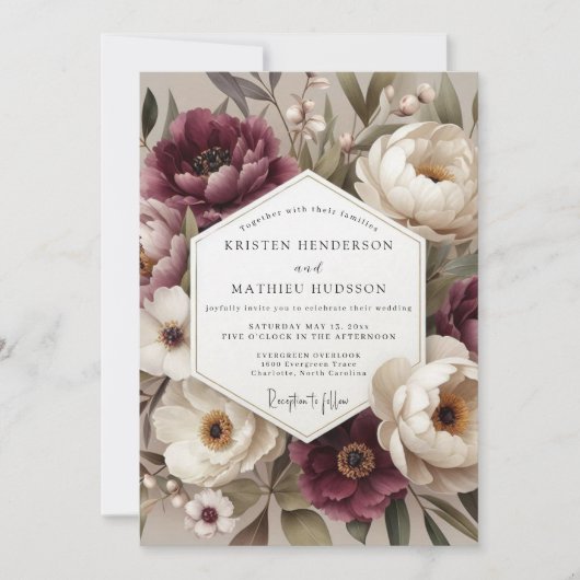 Burgundy Botanical Bloom Wedding Einladung (Vorderseite)