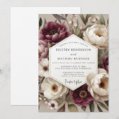 Burgundy Botanical Bloom Wedding Einladung (Vorne/Hinten)