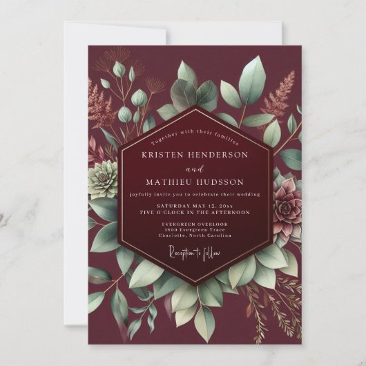 Burgundy Botanical Bloom Wedding Einladung (Vorderseite)