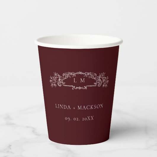 Burgundy botanical crest monogram wedding pappbecher (Rückseite)