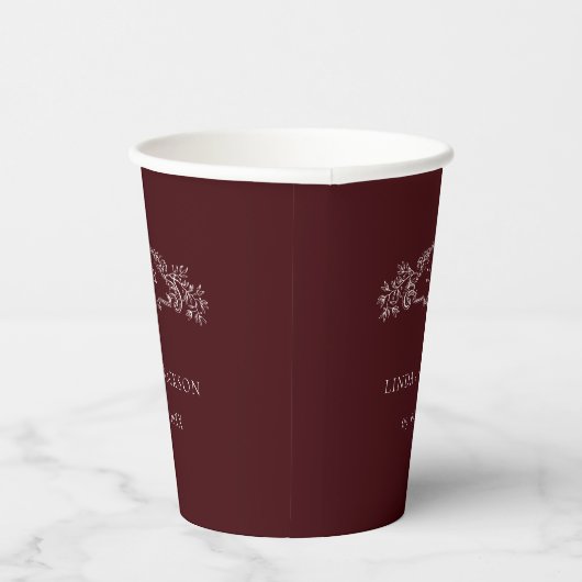Burgundy botanical crest monogram wedding pappbecher (Rechts)