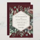 Burgundy Botanical Elegance Wedding Einladung (Vorne/Hinten)