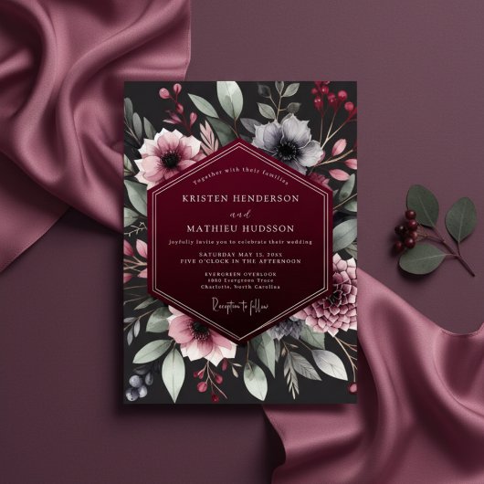Burgundy Botanical Romance Wedding Einladung