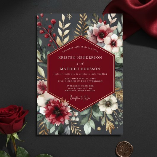 Burgundy Botanical Romantic Wedding Einladung