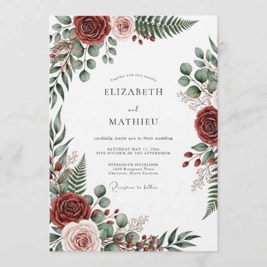 Burgundy Botanical Romantic Wedding Einladung (Vorderseite)