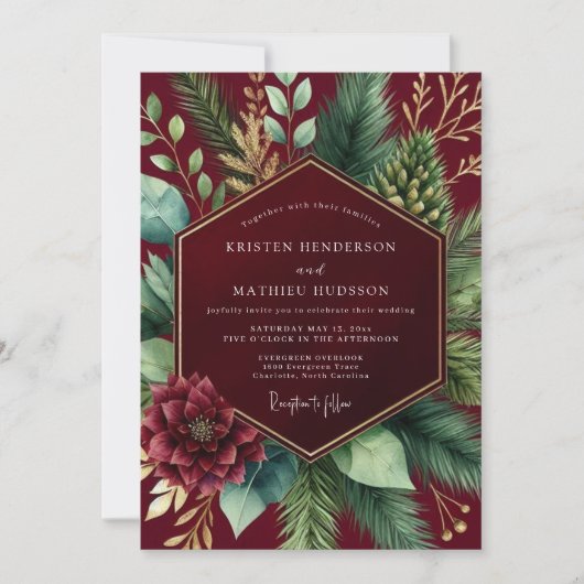Burgundy Botanical Winter Wedding Einladung (Vorderseite)