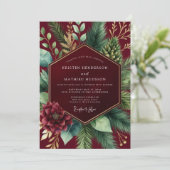 Burgundy Botanical Winter Wedding Einladung (Stehend Vorderseite)