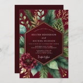 Burgundy Botanical Winter Wedding Einladung (Vorne/Hinten)