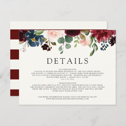 Burgundy Bouquet | Angaben zur Hochzeit Begleitkarte (Vorne/Hinten)