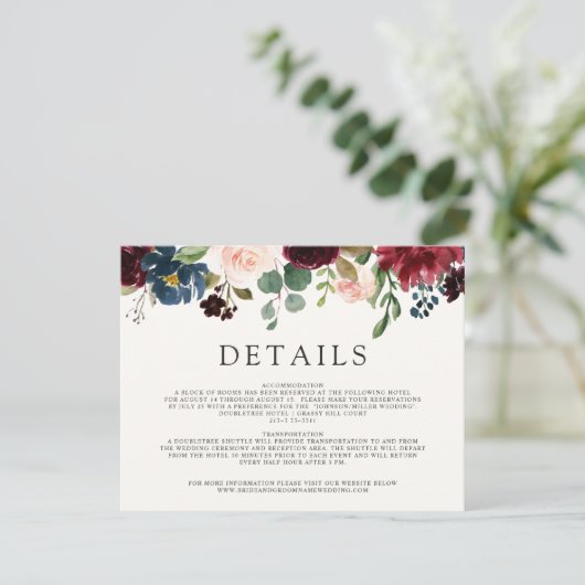 Burgundy Bouquet | Angaben zur Hochzeit Begleitkarte (Stehend Vorderseite)