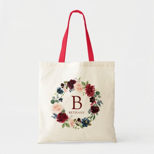 Burgundy Bouquet Bold Monogram Tragetasche (Vorne)