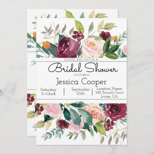 Burgundy Bouquet Bridal Dusche Einladung (Vorne/Hinten)