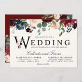 Burgundy Bouquet | Floral | Hochzeitstypografie Einladung (Vorne/Hinten)