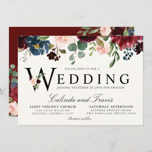 Burgundy Bouquet | Floral | Hochzeitstypografie Einladung (Vorne/Hinten)