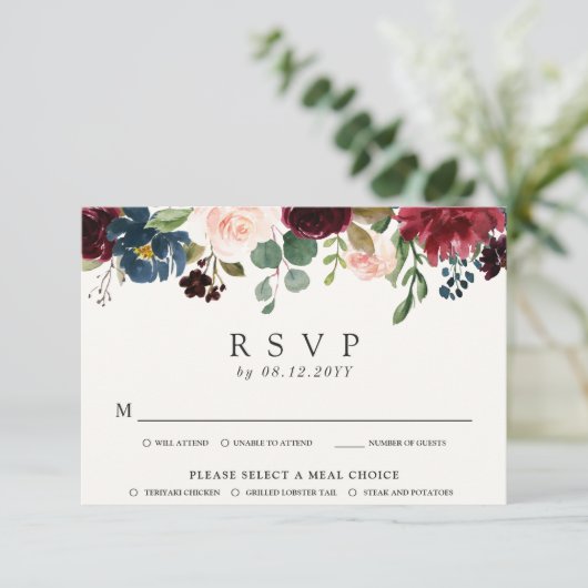 Burgundy Bouquet Overhang | UAWG | RSVP Karte (Stehend Vorderseite)