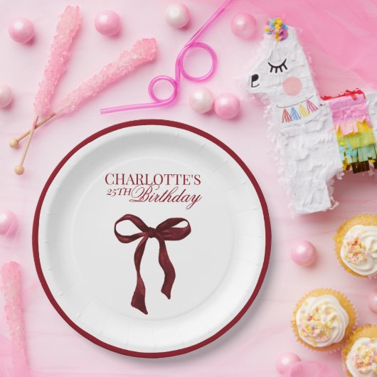 Burgundy Bow Birthday Pappteller (Party)