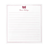 Burgundy Bow Border Custom Name Lined Notizblock (Vorderseite)