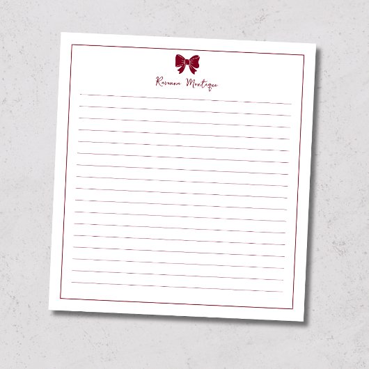 Burgundy Bow Border Custom Name Lined Notizblock