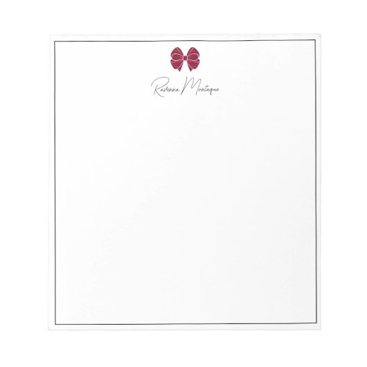 Burgundy Bow Border Script Custom Name Script Notizblock (Vorderseite)