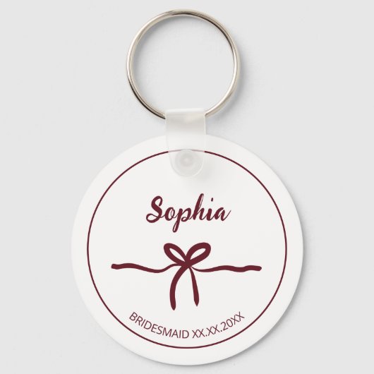 Burgundy Bow Bridesmaid Script Modern Name Date Schlüsselanhänger (Vorderseite)