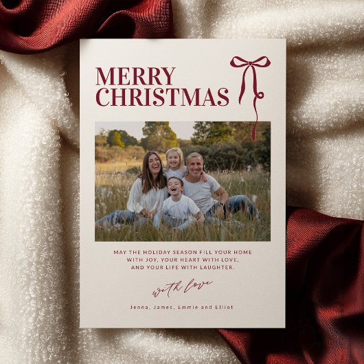 Burgundy Bow Christmas Card with Photo Einladung