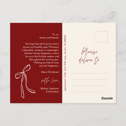 Burgundy Bow Family Foto Weihnachtsgrüße Postkarte (Rückseite)