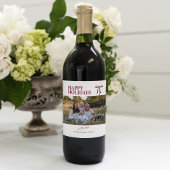 Burgundy Bow Happy Holidays Photo Wine Label Weinetikett