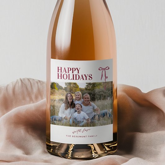 Burgundy Bow Happy Holidays Photo Wine Label Weinetikett