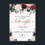 Burgundy Brautparty Date Night Ideale Anleitung Ka Hinweiskarte<br><div class="desc">Burgundy Navy Blush Blues Brautparty Datum Night Idea Advice Card.</div>