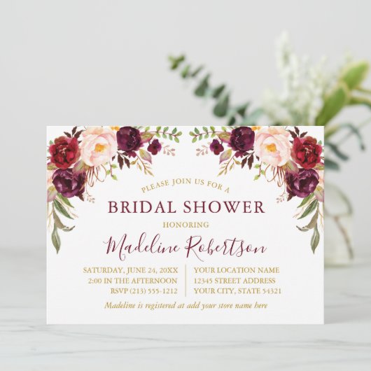 Burgundy-Brautparty Einladung (Stehend Vorderseite)