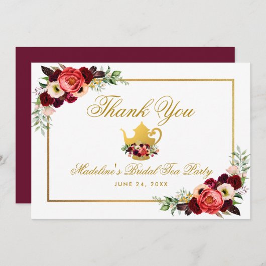 Burgundy Brautparty Tea Party Boho Dankkarte Dankeskarte (Vorne/Hinten)